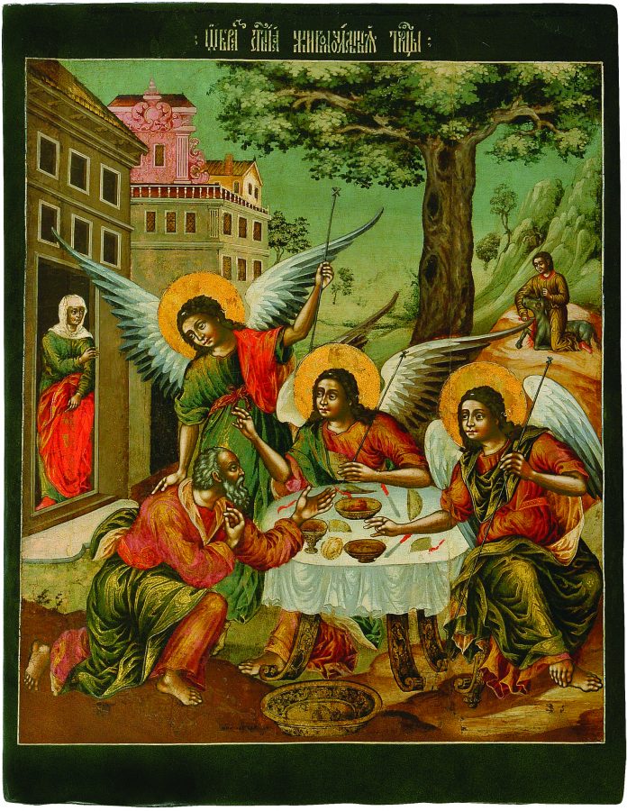 Икона «Святая Троица (Гостеприимство Авраама», начало XVIII века, повторяет гравюру Библии Пискатора) © ЯХМ