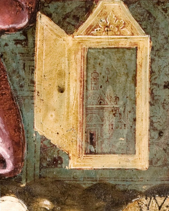 Икона «Алексий Человек Божий со сценами жития», начало XVIII века, фрагмент — пейзаж в окне © ЯХМ