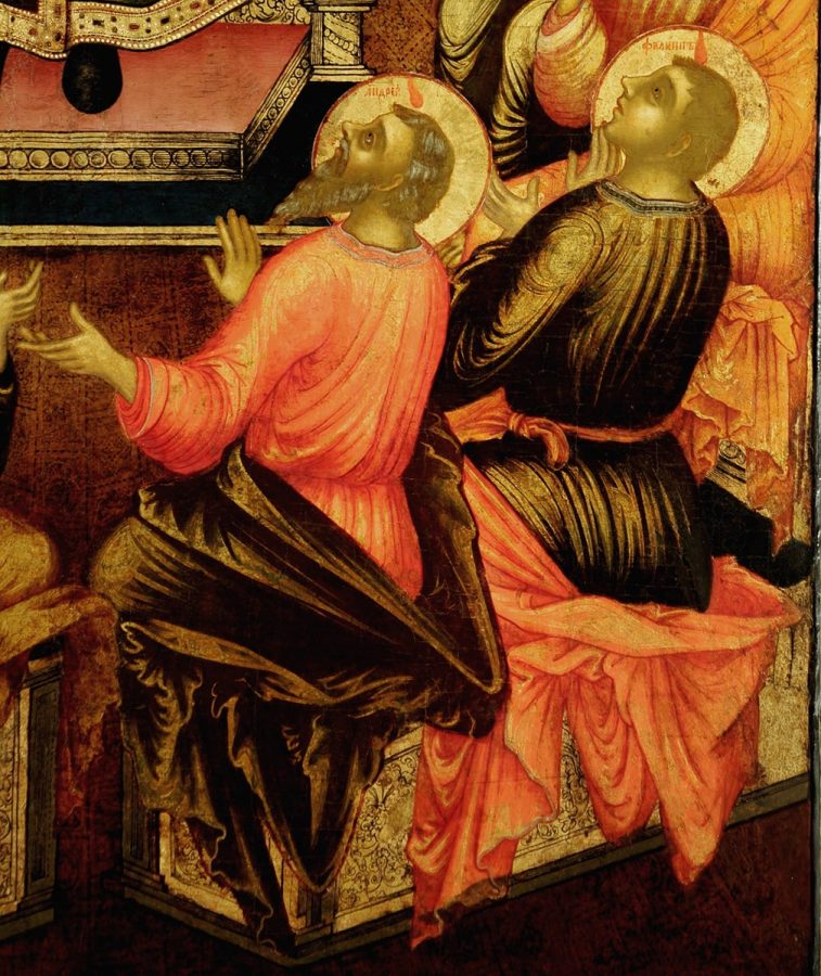  Икона «Святая Троица с деяниями», конец XVII века, фрагмент «Бегство Лота с дочерьми из Содома» © ЯХМ