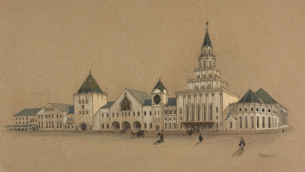 А.В. Щусев. Проект здания Казанского вокзала. Главный фасад со стороны Комсомольской площади, 1911 © ГТГ