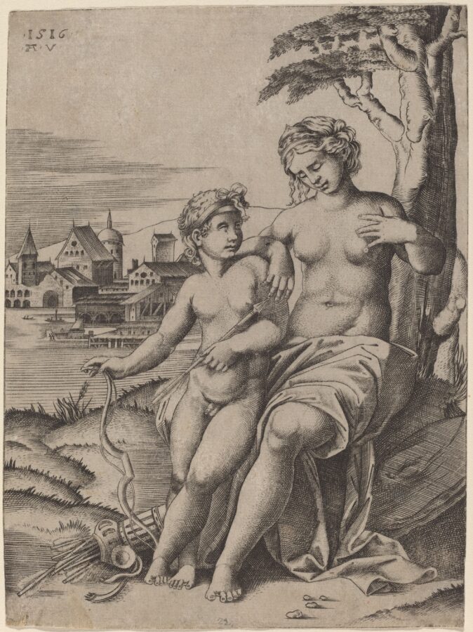 Агостино Венециано «Венера и Купидон». По рисунку Рафаэля, 1516. Гравюра резцом на меди © ГМИИ им. А.С. Пушкина