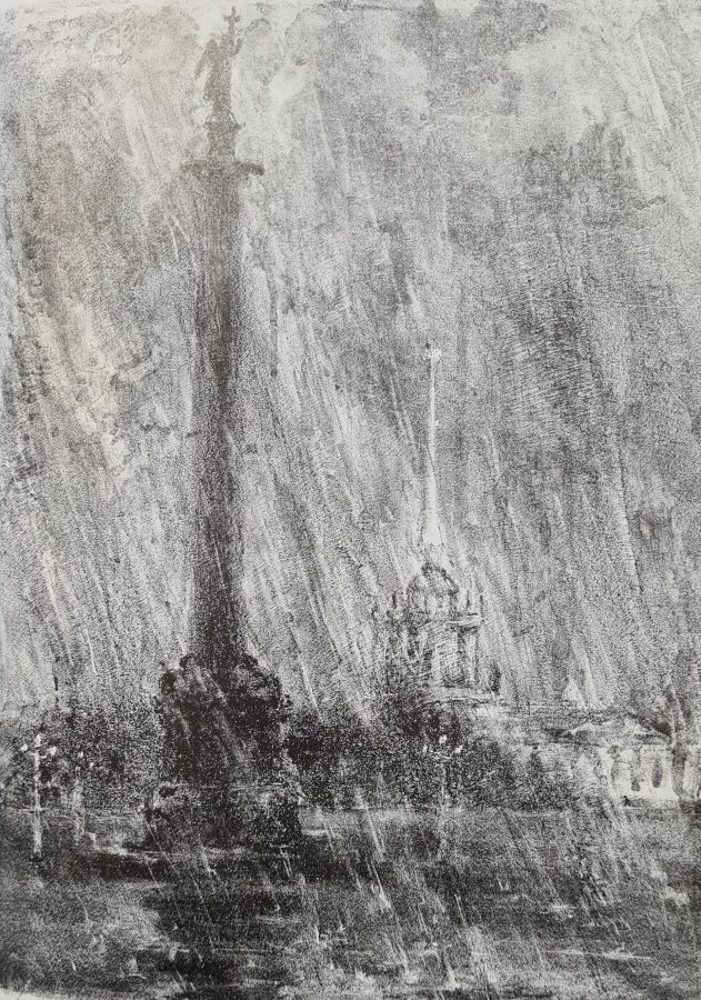 А.Л. Каплан «Александрийская колонна. Ливень», 1944. Литография © Музей истории Санкт-Петербурга
