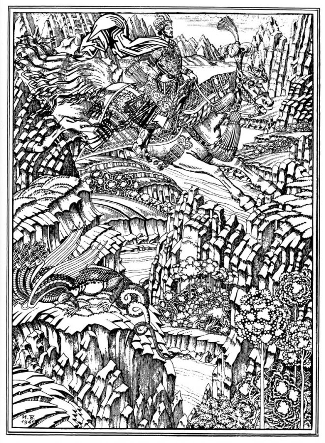 И.Я. Билибин Иллюстрация к былине «Дюк Степанович», 1941. Подготовительный контур © ГРМ