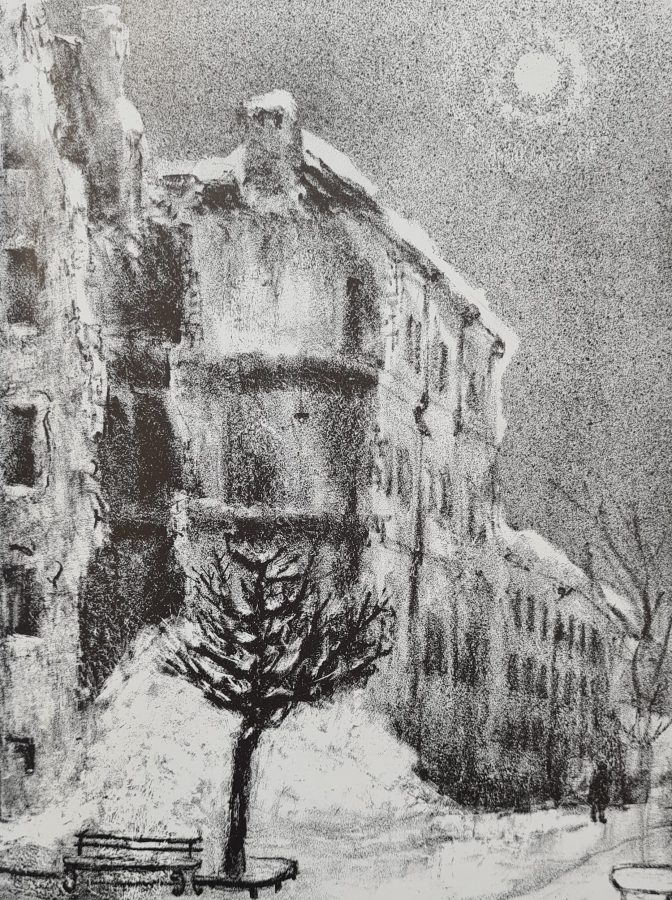 А.Л. Каплан «На улице Петра Лаврова», 1944. Литография © Музей истории Санкт-Петербурга
