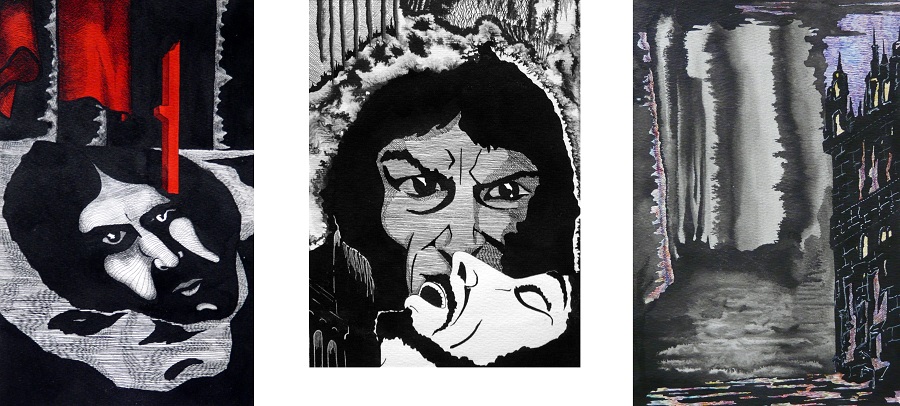 Слева направо: Олег Матвеев «Иуда Искариот» (По Rick Wakeman. Judas Iscariot. Criminal Record. 1977), 1980, «Позорный столб» (По А. Грину), 1979 , «Дом Ашеров», 1981 © Архив художника